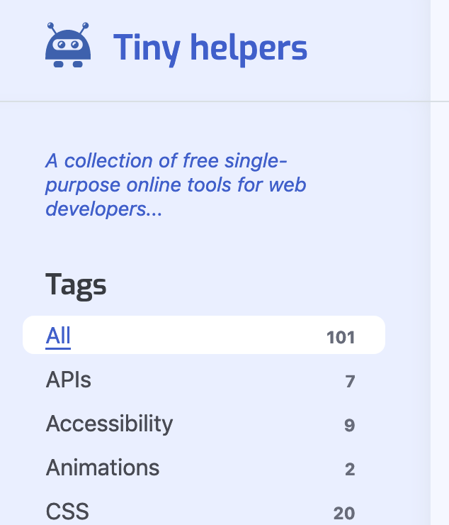 Screenshot of the tiny-helpers.dev nav showing 100 entries in the "all" tag