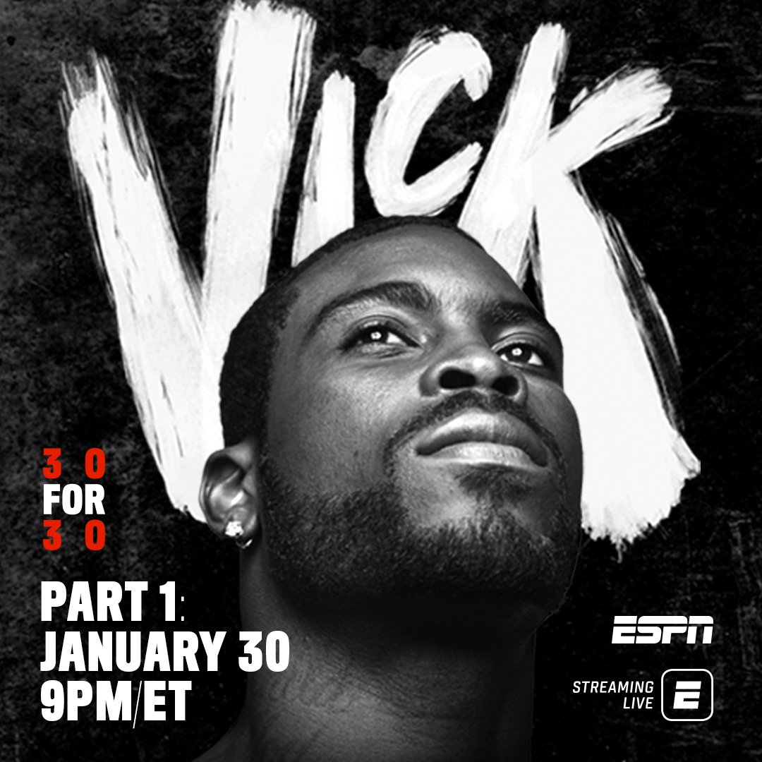 StanleyNelson1's tweet image. TUNE-IN: "Vick" premieres on @espn with part 1 tomorrow, Jan 30, at 9 p.m. ET + part 2 on Thursday, Feb 6, at 9 p.m. ET.  Our documentary provides a look back at each chapter of former NFL quarterback Michael Vick’s saga: the incredible rise, shocking fall and polarizing return
