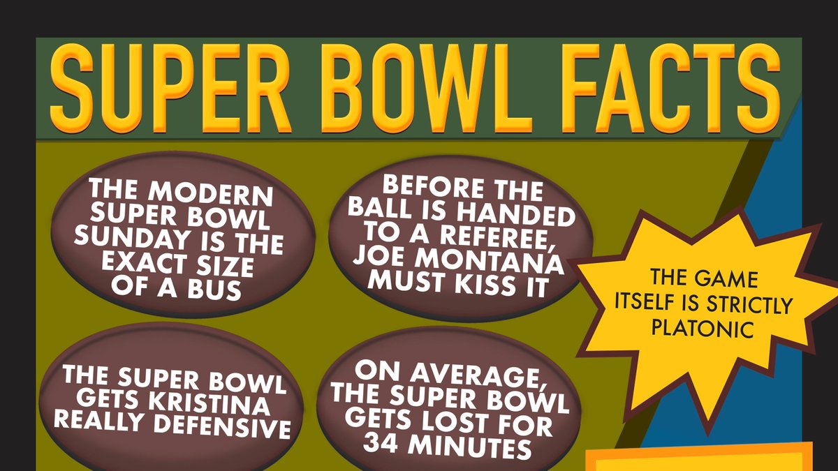 Super Bowl Facts. The Modern Super Bowl Is Exactly The Size of a Bus. Before the ball is handed to a referee, Joe Montana must kiss it. The Super Bowl makes Kristina Defensive. On average, the Super Bowl gets lost for 34 minutes. The game itself is strictly platonic. "Game on!" says Joe Touchdown, who was named mayor of Football in 1993