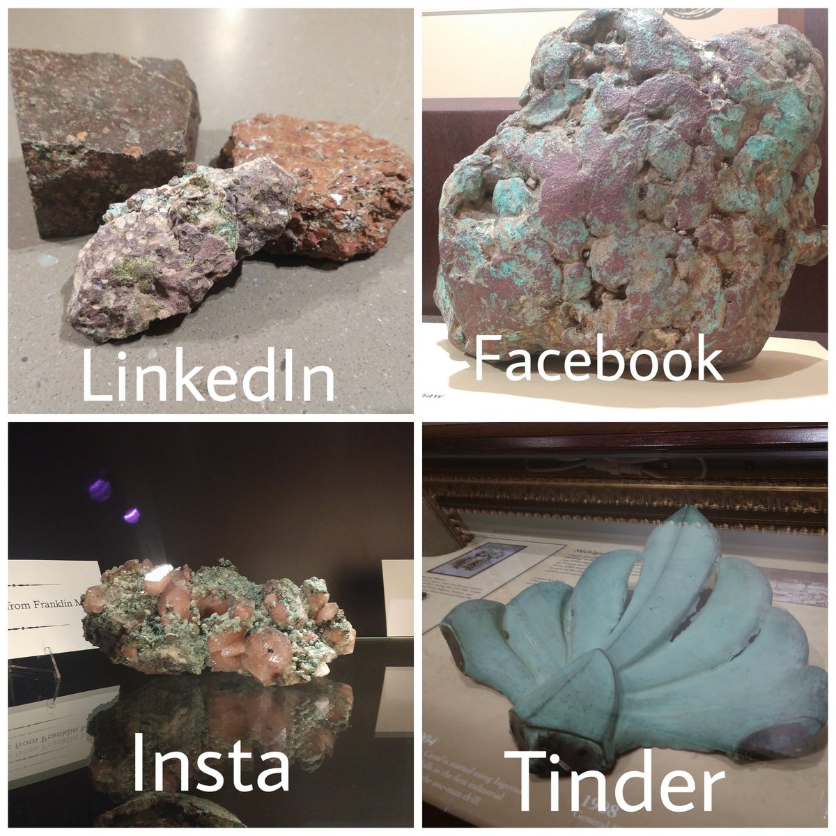 Four part image shows copper ore specimens for LinkedIn, a piece of float copper for Facebook, calcium crystals with copper inclusions for Insta, and a leaf from the Statue of Liberty torch for Tinder.