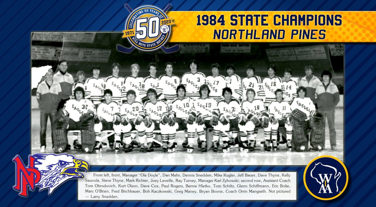 Northland Pines' Glenn Shiffmann scored in overtime of the 1984 State Championship to defeat 4x champion Madison Memorial, 6-5.

This was the first WIAA Hockey Title for the Eagles, on their first-ever State Championship appearance.  🏆🏒🥅 #50WIAABoysHockey #wiaahockey