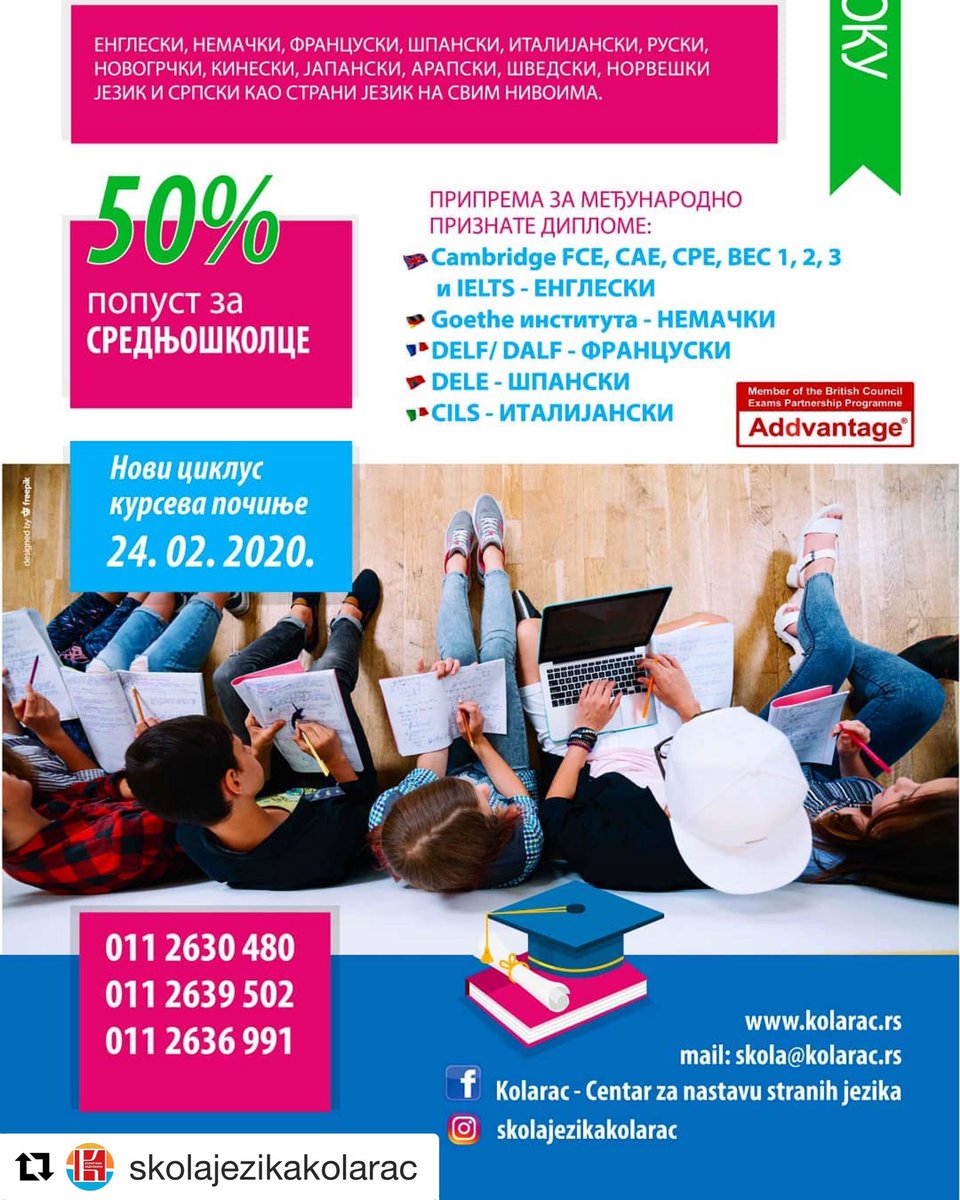 IlijaMKolarac's tweet photo. #skolajezika #kolarac 
U našem centru POPUST ZA SREDNJOŠKOLCE JE
50 %  NA SVE KURSEVE !
Budite deo duge tradicije Centra za nastavu stranih jezika Kolarčeve zadužbine
Očekujemo vas!
#skolastranihjezika #engleski #nemacki #spanski #francuski #italijanski #stranijezik https://t.co/ouNMyQ4Lpq