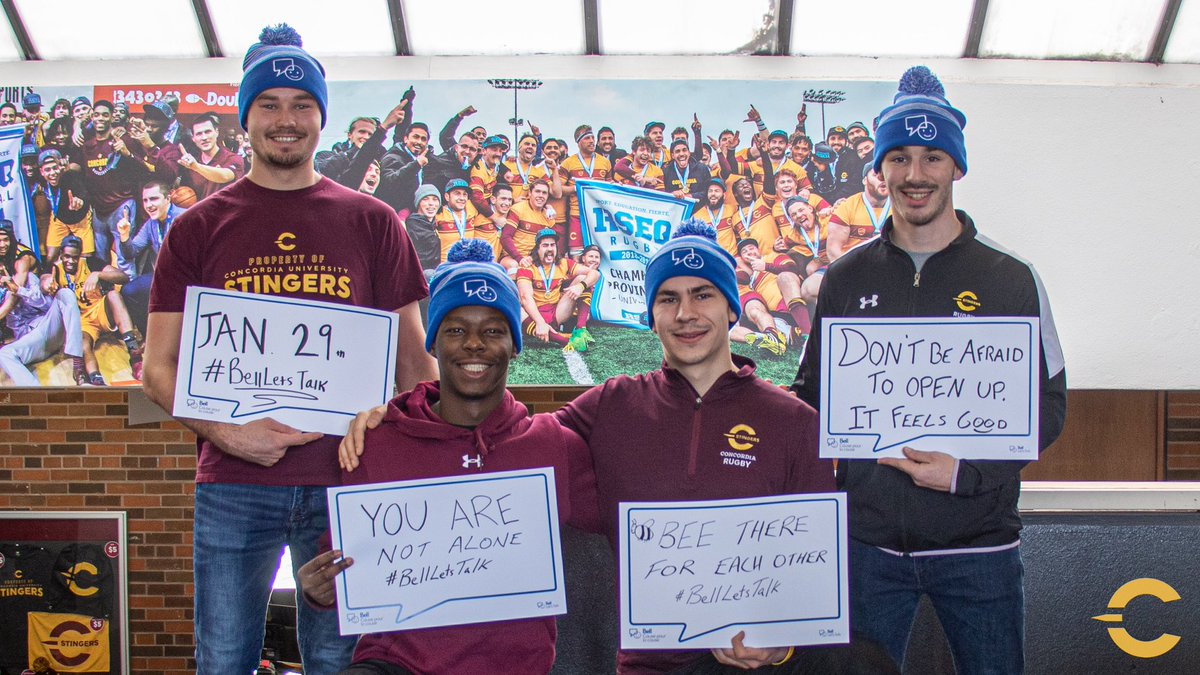 The_Stingers's tweet image. Even three-time champions have tough days. The Stingers men’s rugby team shares its messages on #BellLetsTalk day. #CUstingers #CUrugby