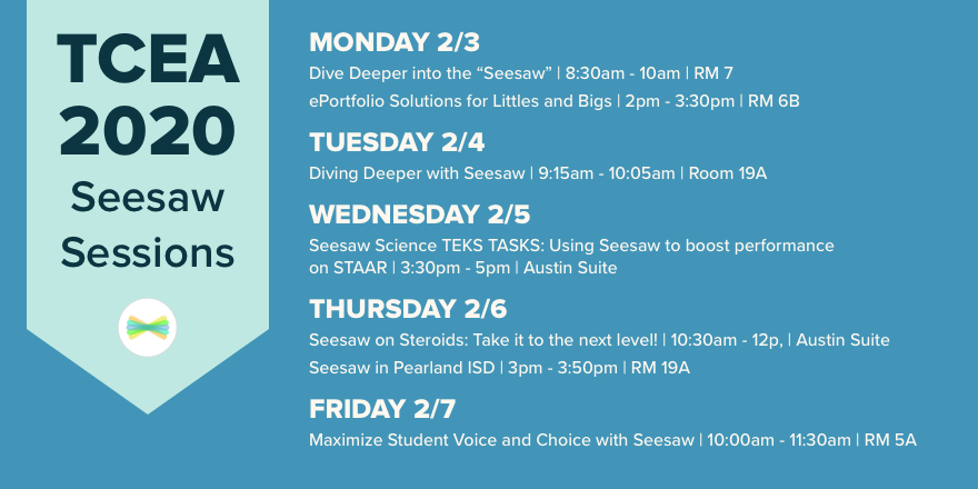Seesaw's tweet photo. Who here is headed to Austin next week for TCEA? 🙋‍♀️

We can't wait to check out these Seesaw sessions! Look out for Bryan - he'll be the tall guy in the Seesaw t-shirt. We hope to see you there! https://t.co/bUZLDqH1KG