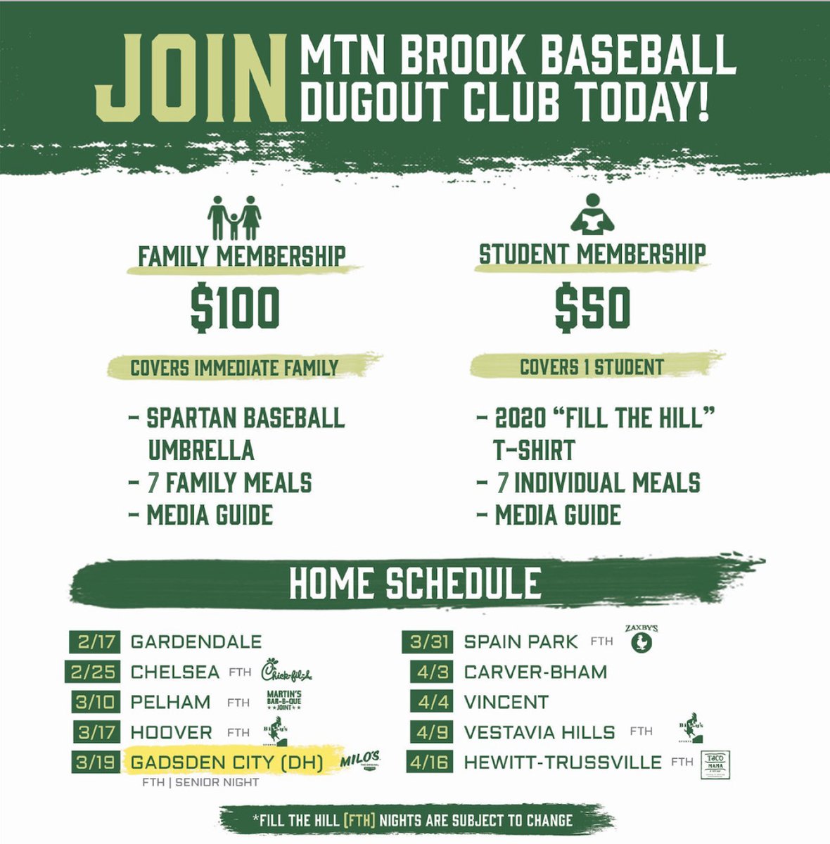 Mountain Brook Baseball fans - it's that time of year again! Join the Dugout Club to get food at 7 games while you cheer on the Spartans! #mtnbrookbaseball