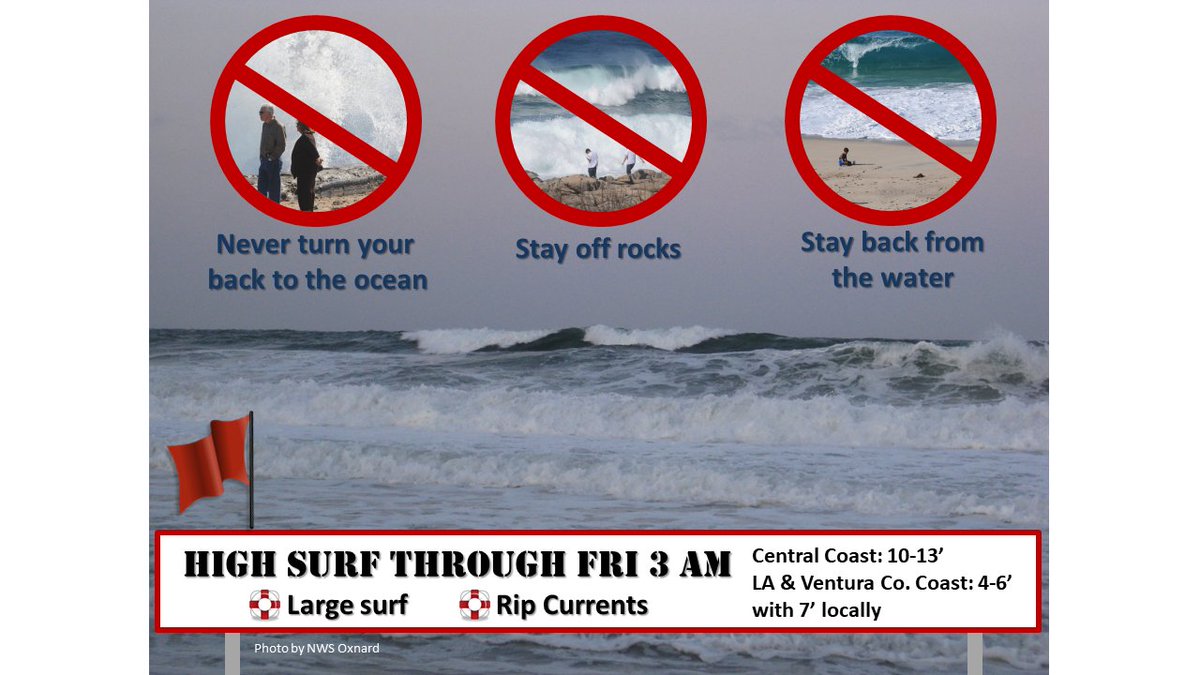 NWSLosAngeles's tweet photo. 🌊 High Surf continues for the Central Coast though Thursday! Ventura and LA Co. coasts will likely experience elevated surf conditions. 🌊 #socal #SLOwx #CAwx https://t.co/92vhUnyhoY