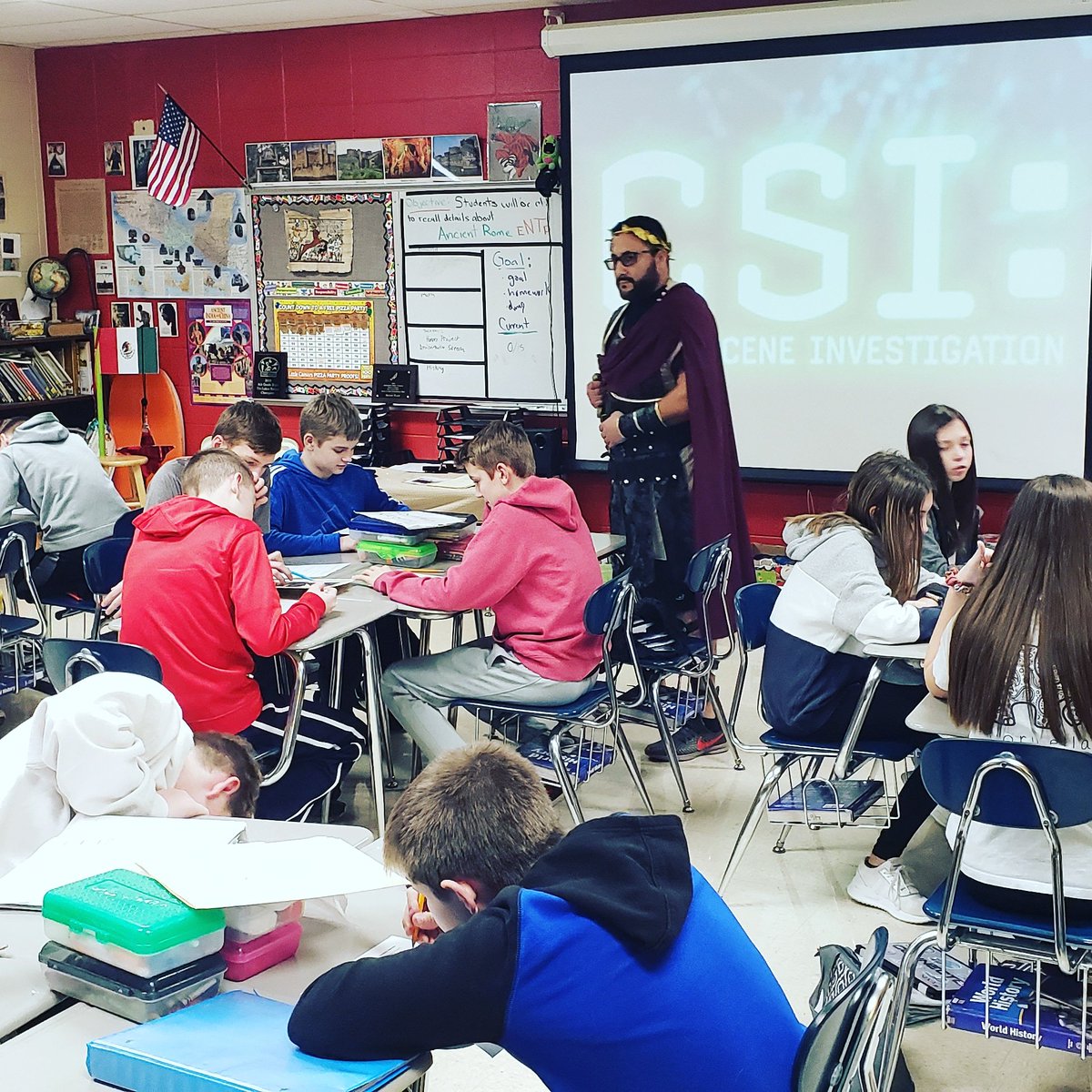Why just tell students about Julius Caesar's death, when students can become investigators themselves.  I can have fun too by dressing up for the role.  #bestjobever <a href="/nixaschools/">Nixa Public Schools</a> <a href="/NixaJuniorHigh/">Nixa Junior High</a>