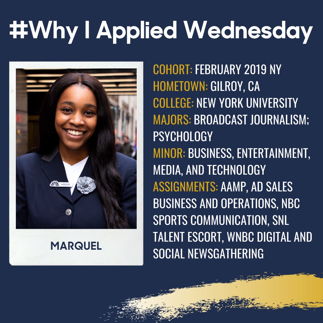 nbcuPageProgram's tweet photo. #WhyIAppliedWednesday is back! Thinking about applying for the May 2020 Cohort? Here’s why Marquel decided to apply to the Page Program #PageatNBCU #NBCUHereYouCan https://t.co/B9pDr7ySwN