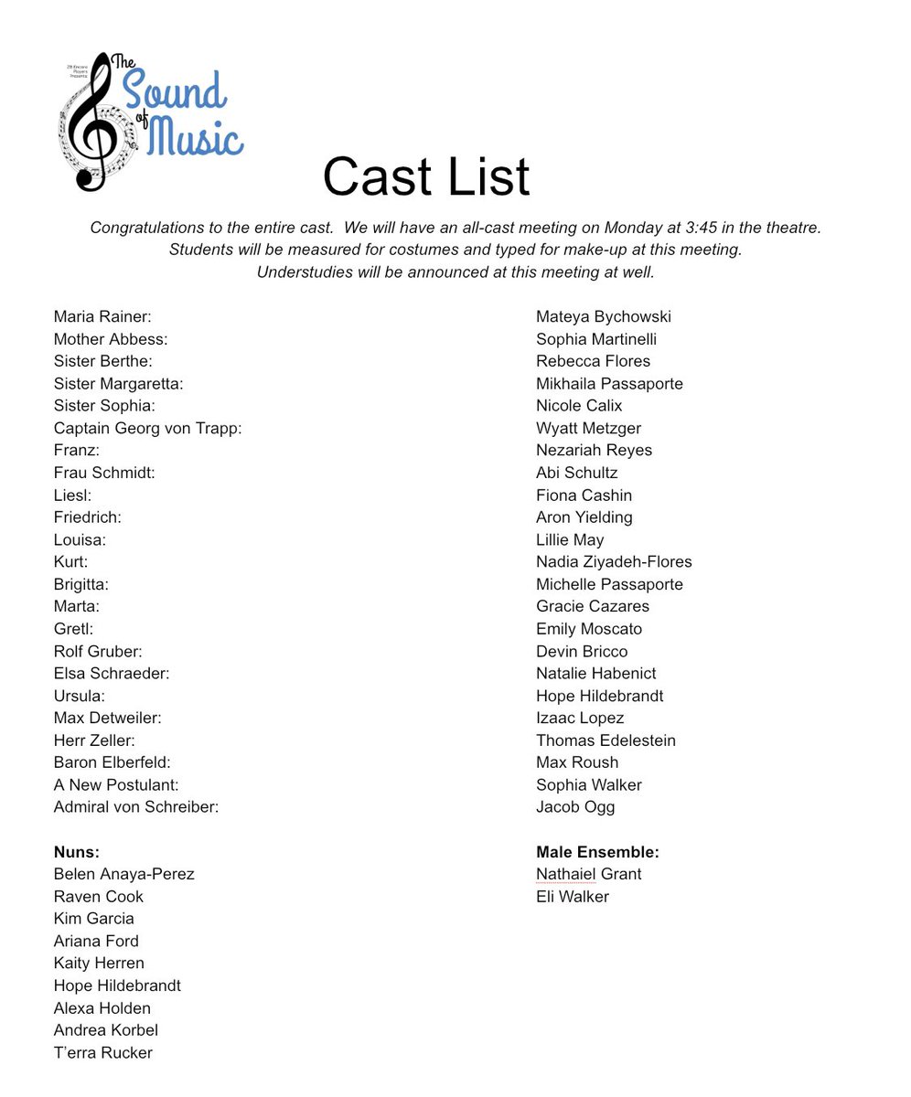 EncoreZb's tweet photo. Our cast list for The Sound of Music! Congratulations to the cast! https://t.co/TrsXvXOx6y