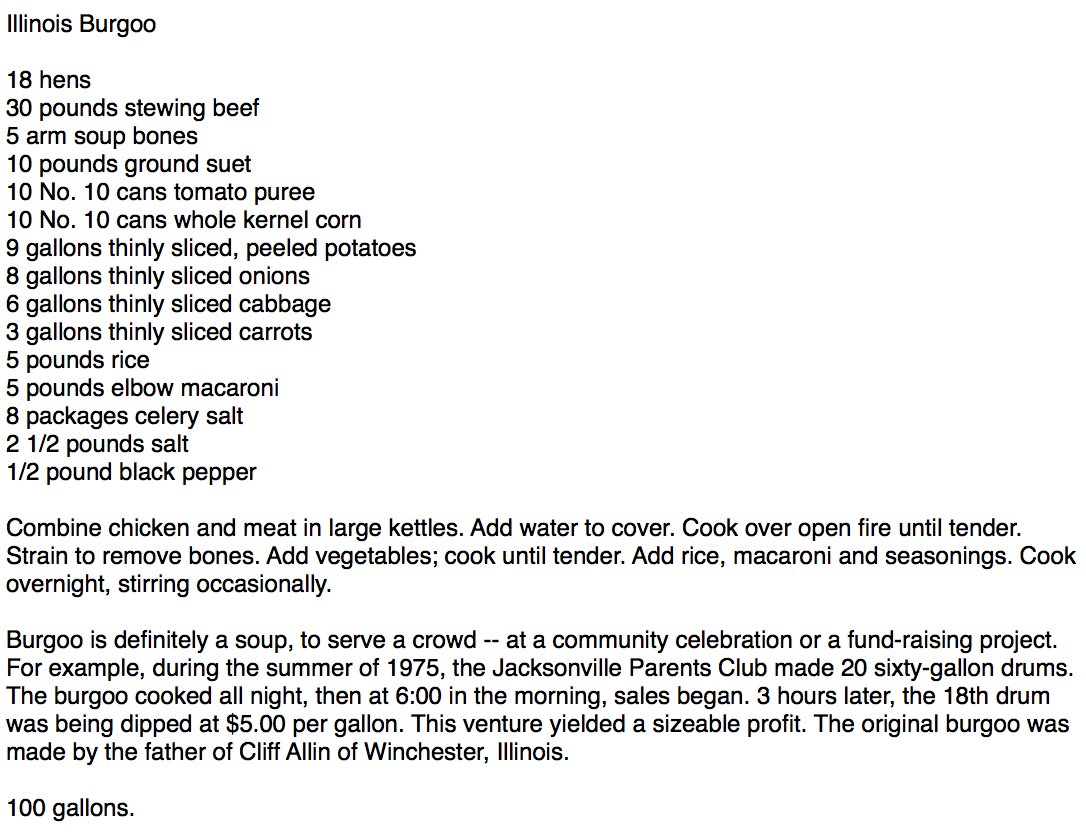 Illinois Burgoo

18 hens
30 pounds stewing beef
5 arm soup bones
10 pounds ground suet
10 No. 10 cans tomato puree
10 No. 10 cans whole kernel corn
9 gallons thinly sliced, peeled potatoes
8 gallons thinly sliced onions
6 gallons thinly sliced cabbage
3 gallons thinly sliced carrots
5 pounds rice
5 pounds elbow macaroni
8 packages celery salt
2 1/2 pounds salt
1/2 pound black pepper

Combine chicken and meat in large