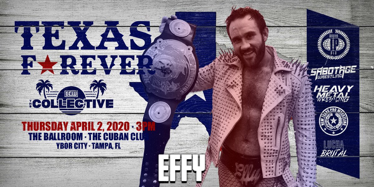NEW TALENT ANNOUNCEMENT for #TexasForever on April 2nd in Tampa, Florida!

The NEW @InspireProWres Pure Prestige Champion EFFY @EFFYlives will be there!

TICKETS: TexasForever.Eventbrite.com

@collective2020 TICKET PACKAGES: Collective2020.Eventbrite.com