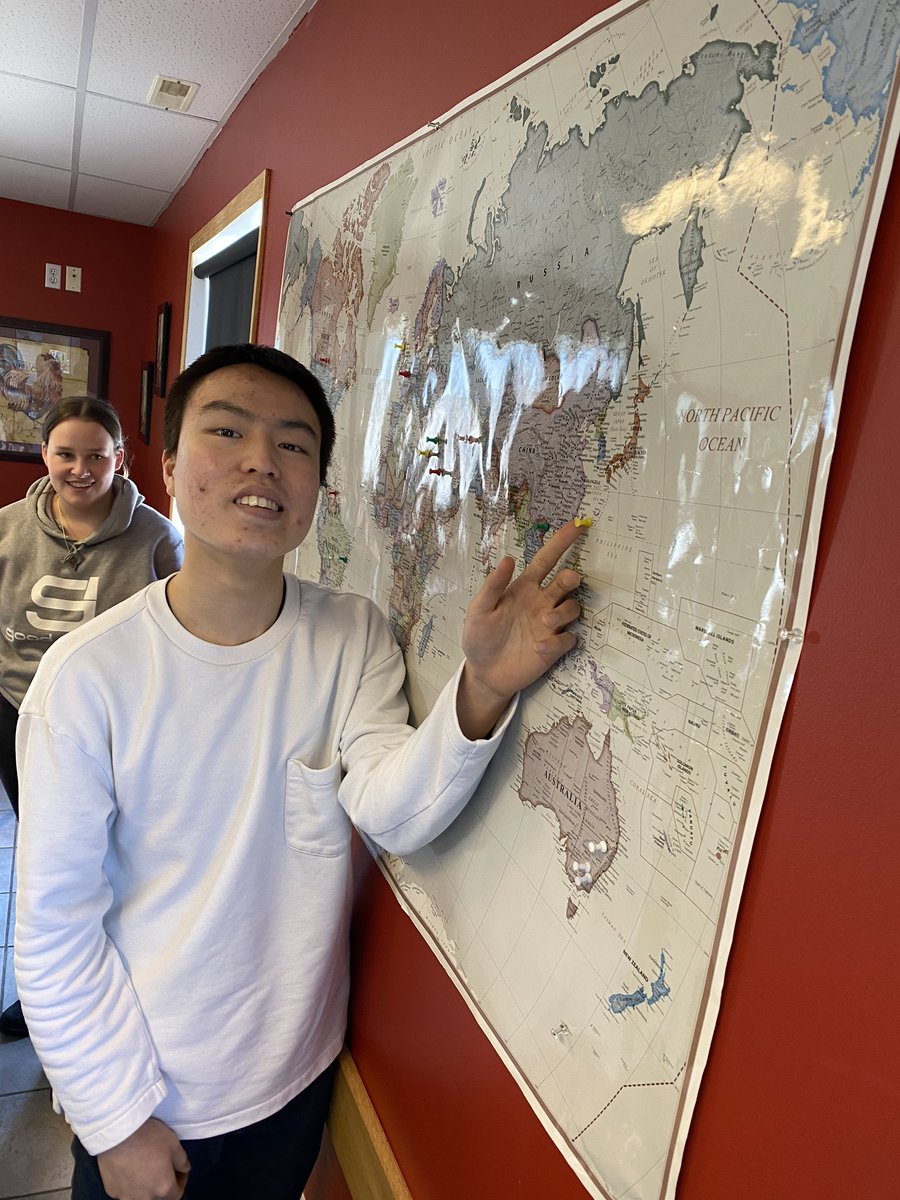 CIPchinooksask's tweet photo. Some of students leaving their “mark” at Hazlet Cafe’s world map! 7 students leave on the weekend! https://t.co/d4Afbs0Kno