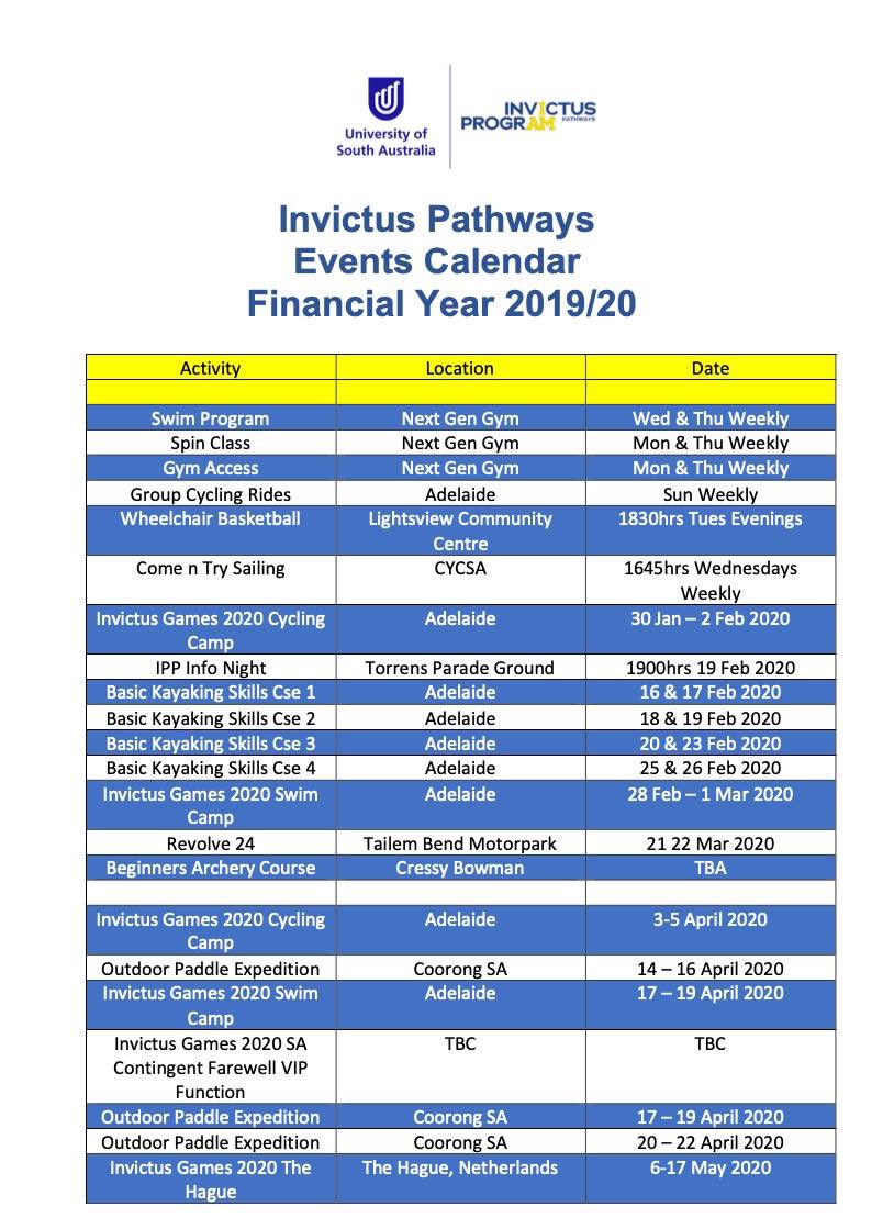 Wellbeing_au's tweet photo. @UniversitySA #Invictus Pathways Program activities Calendar as 30th Jan
Expressions of interest can be found here https://t.co/9T1z0cWo38
#Invictus #invictuspathways #wellbeing #Veterans #firstresponders #families https://t.co/PgXDUAn2mJ