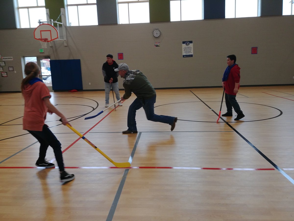 Our custodian joined in the #floorhockey #fun today with #6thgrade #peforall