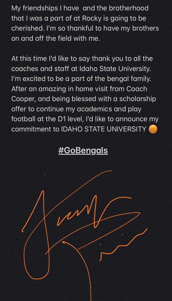 COMMITTED TO @IdahoStateFB !!!
🟠⚫️🟠⚫️ #GoBengals ⚫️🟠⚫️🟠