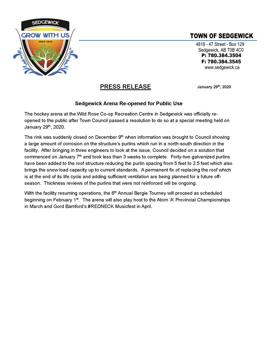 The Sedgewick arena at the Wild Rose Co-op Recreation Centre has been re-opened!