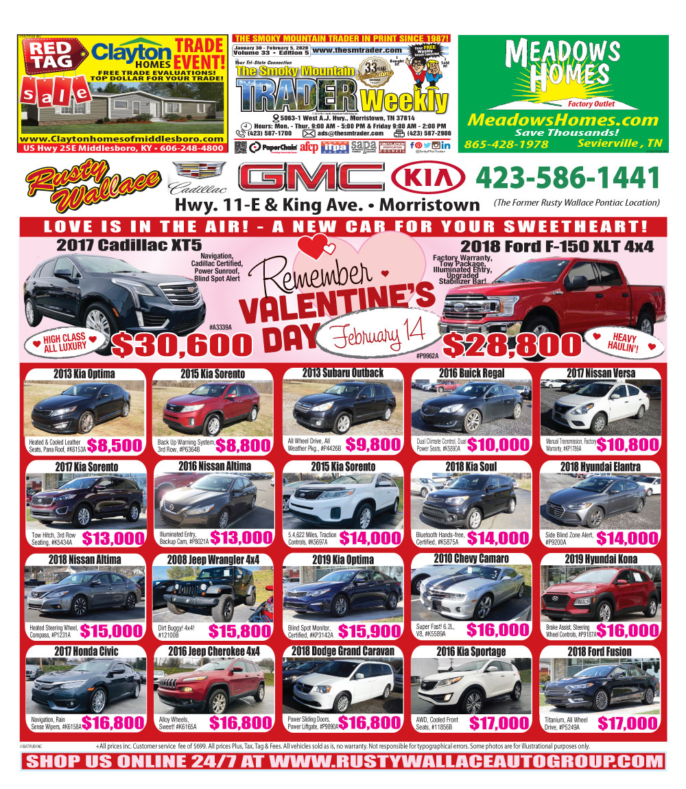 SmkyMtnTrader's tweet photo. The January 30, 2020 issue of The Smoky Mountain Trader is now online. This week features Rusty Wallace Auto Group on the front page. #SmkyMtnTrader #newspaper https://t.co/73IDaPliwg https://t.co/o4rffy3Yav