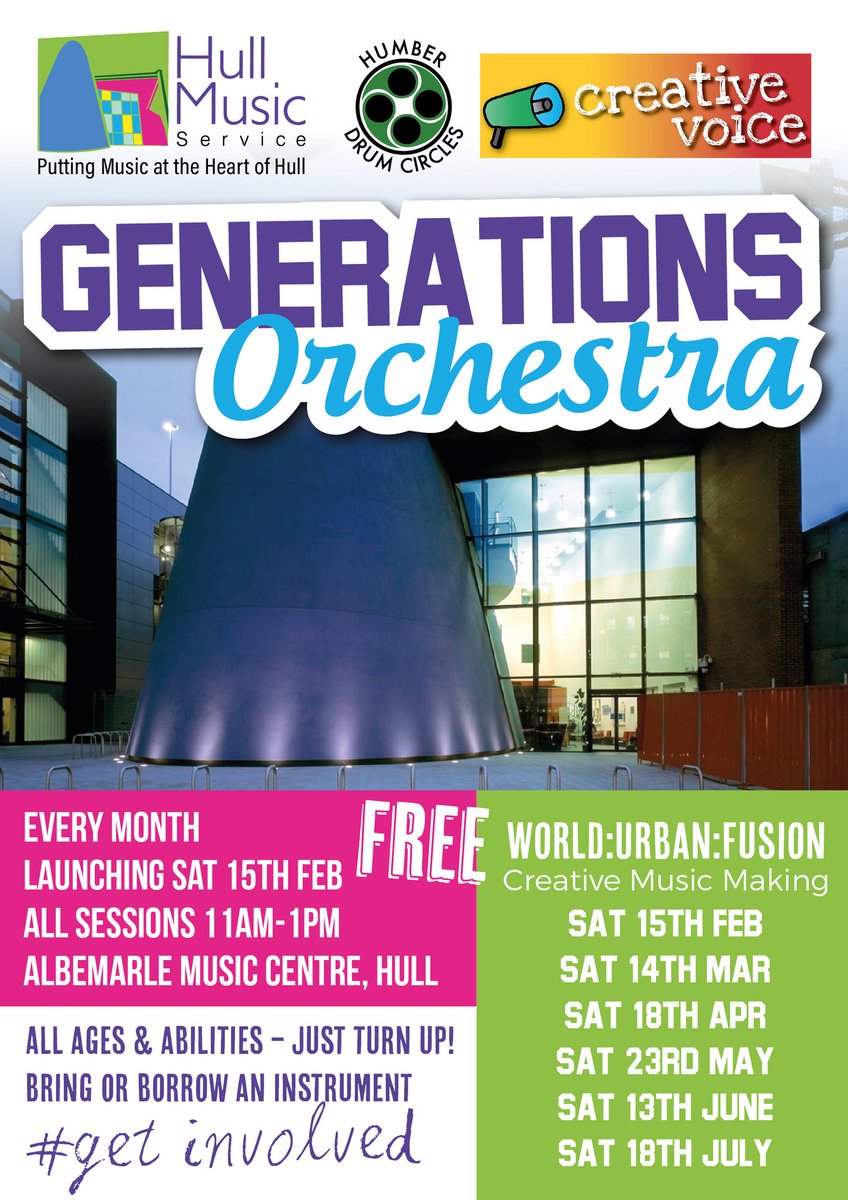 HullMusicHub's tweet photo. All set for our first Generations Orchestra on Sat 15th Feb 11am-1pm with @HullSoundCircle & @CreativeVoice2 as part of our revamped @AbsCultured #albemarlesaturdays. Creative music making for all the family. All ages/abilities/cultures sharing and learning from each other! https://t.co/SbLZy9TLVV