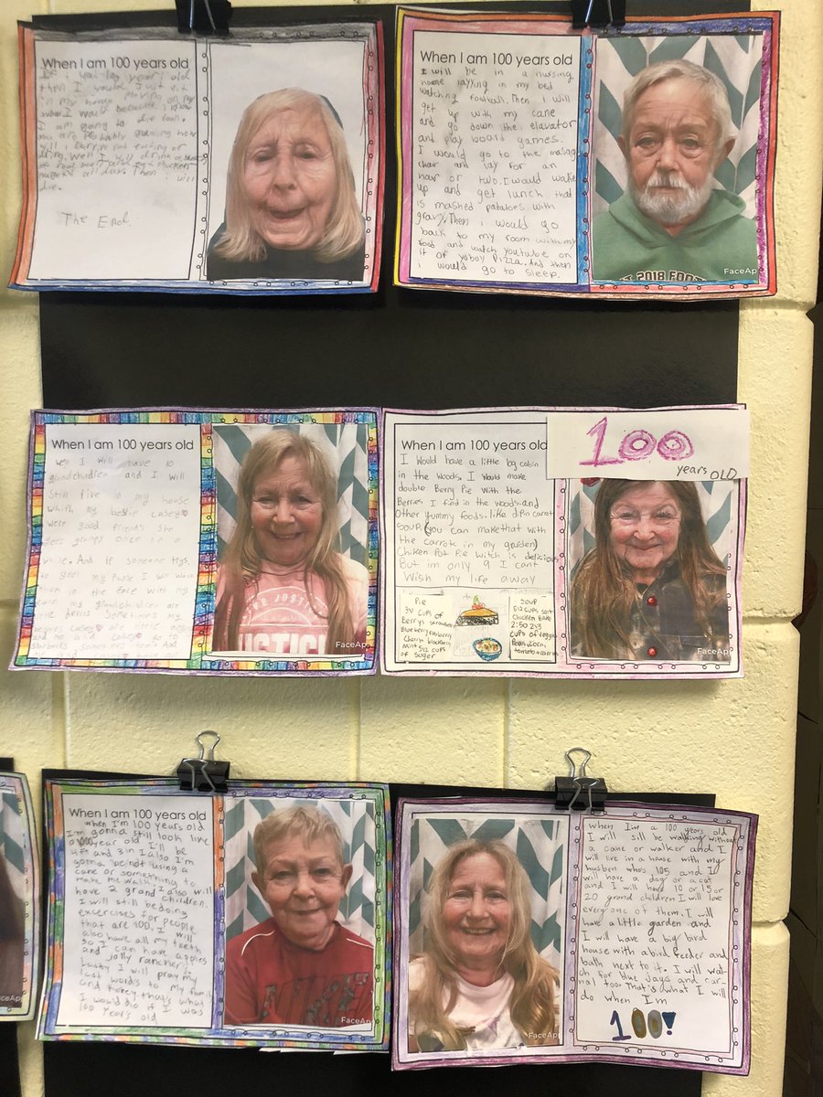 MrsWillis4th's tweet photo. In honor of the 100th day of school, we wrote what we would do if we were 100 years old complete with a photo glimpse into what we might look like at 100! We got so many laughs with this assignment! 😂💯 #pgetweets #100thDayOfSchool https://t.co/vyJH3yTUnK