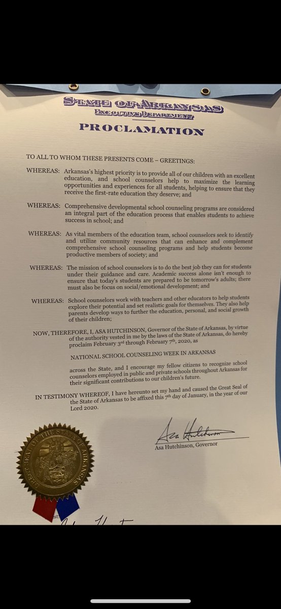 coachqueetqueet's tweet photo. Arkansas Governor Asa Hutchinson Proclaims February 3-7 as National School Counselors Week! #arsca #asca https://t.co/cKIF2wEDzG