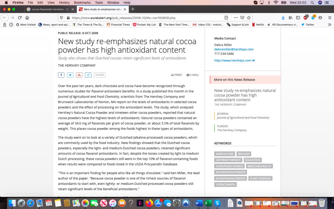 15./ We all know vested interests skew research. It's why when a report announced there were high levels of flavanol antioxidants in chocolate any serious journalist ignored it because...it was based on research carried out at the Hershey laboratories.