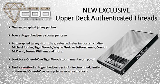 UpperDeckSports's tweet photo. At the 2020 #CDDConference; Upper Deck president Jason Masherah announced two products available only to attendees. UDA Threads and NHL Black Diamond CDD Conference Edition are arriving in stores this week. Check out details on them: https://t.co/Tuospt3WIa https://t.co/Rm00VsV3uT