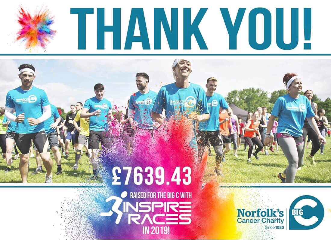 Inspireraces's tweet photo. Massive thanks to everyone who took part in our @bigctweets fundraising events last year. You helped raise a gigantic £7639.43! If you would like to fundraise for #BigC in 2020, sign up to the #BroadsWalkChallenge &amp; #colour5kNorwich at https://t.co/ppgZxvphip 👍 #everymilecounts https://t.co/WPzoysUP15