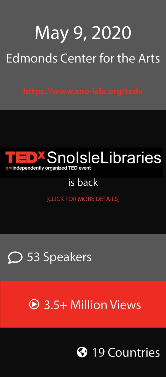 TEDxSIL's tweet photo. TedxSnoIsleLibraries is back!
Sno-Isle Libraries is thrilled to announce the return of our popular TedxSnoIsleLibraries talks in 2020. Stay tuned for announcements on ticket availability, speakers, and more. https://t.co/GzrVbuoxkH
