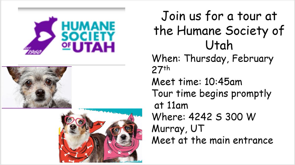 utvatransition's tweet photo. Monthly Life Skills Outing for February- Humane Society of Utah
6-12 Life Skills Class Students only. Sign up at https://t.co/We69pLXXI5 https://t.co/BKAOibc1lA