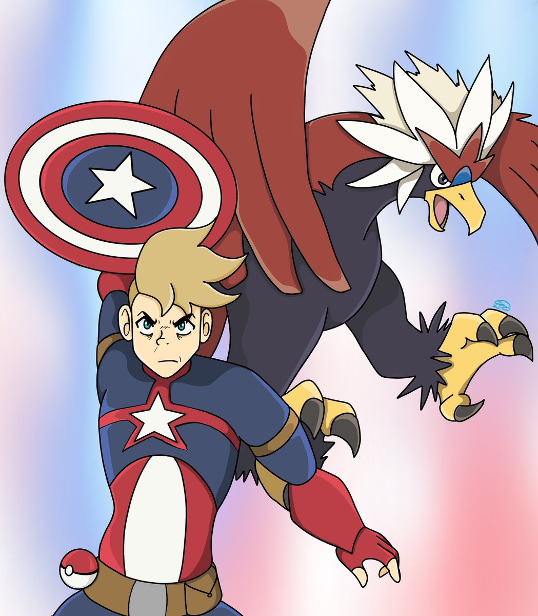 tredstone_zero's tweet photo. Not really sure of Twitter is a good place to post art or not but I'm giving it a try. This is Cap and Braviary as a sync pair. #art #pokemon #drawing #sketch #marvel #digitalart #fanart #comic https://t.co/K9IwcpNsvL