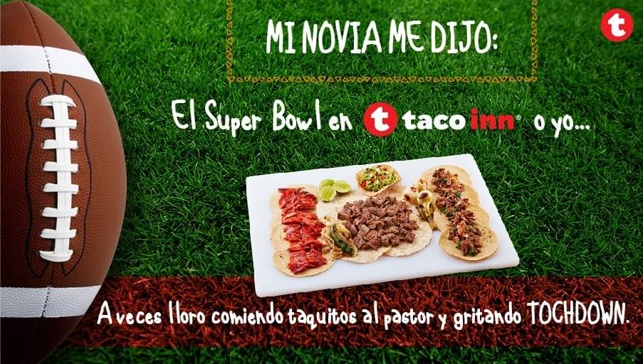 Se acerca el #Superbowl y debemos tomar una buena decisión. Cuéntanos ¿Cuál será tu pretexto? 🏈
#Noletemasalexito #TacoInn #Rappi