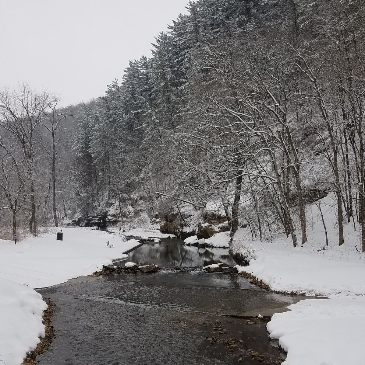 stream running through snowy scene at Yellow River State Forest on a gray, cloudy day