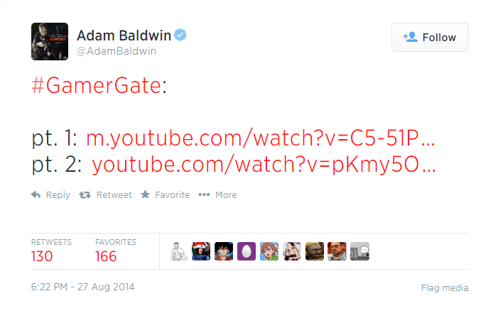  #GamerGate Trivia - Part 2: Based on Twitter timestamps and info from 4chan's /pol/ of all places, we know that the "Kevin Dobson" death/rape threats were sent to Anita Sarkeesian at around 8:00 P.M. on August 26, 2014, over 22 hours BEFORE  @AdamBaldwin "created" the hashtag. :P