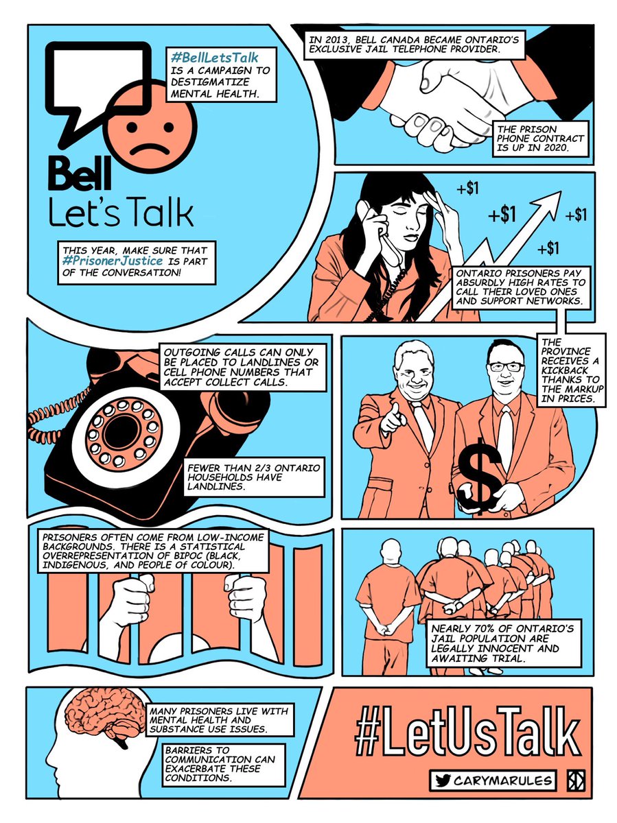 CarymaRules's tweet photo. Thread 👇🏽👇🏽👇🏽

The Prison Phone Contract is illustrative of Bell’s hypocrisy. The company charges absurdly high rates for collect calls in jail. This has the practical effect of isolating inmates, which is detrimental to prisoners’ mental health. #PrisonerJustice #LetUsTalk https://t.co/ndiBzS9yhE
