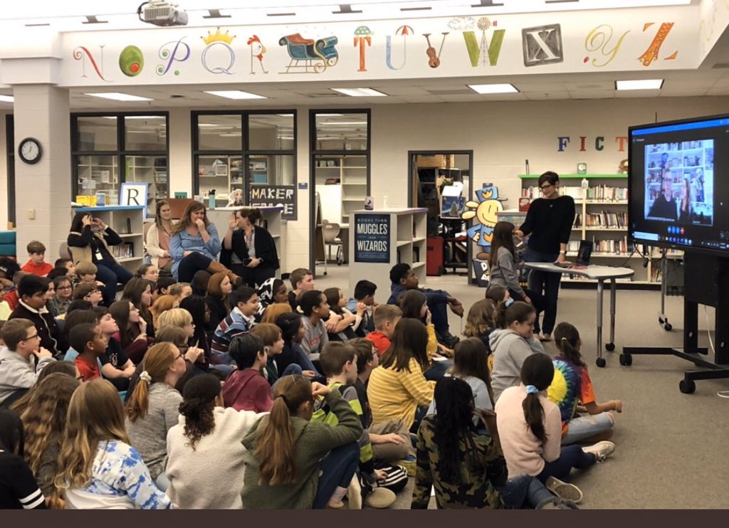 RSmithgrade5's tweet photo. Our 5th graders were fortunate enough to be able to Skype with one of our favorite authors, Chris Grabenstein, today!  Thank you @CGrabenstein for taking the time to  chat with our students and inspiring them to be writers!  @bullardbulldogs @ketalley01 https://t.co/1dybwW63iJ