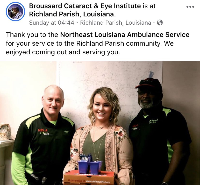 nelaems's tweet photo. Thank you Broussard Cataract &amp; Eye Institute for the goodies and your kind words supporting our medics!#RichlandParish #Louisiana #ParamedicLife https://t.co/veQvpVCa9F