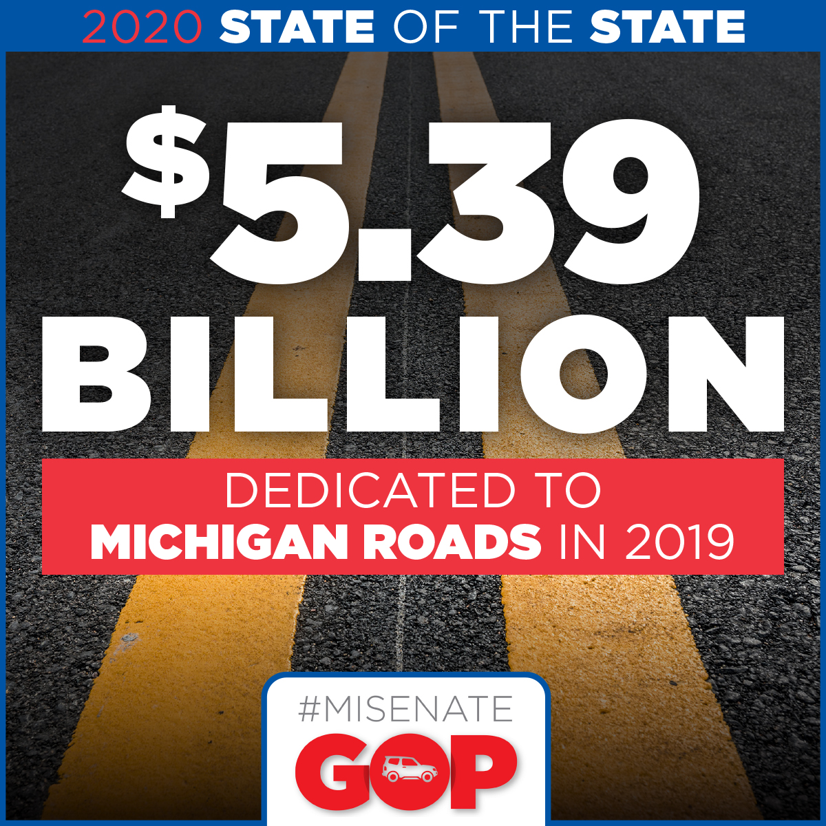 MISenate's tweet photo. We will continue to fight to #FixMiRoads! Last year we dedicated a record high $5.39 BILLION for transportation ! #MiSOTS20 #MiLeg #MiGov https://t.co/wDyBEP8jnR