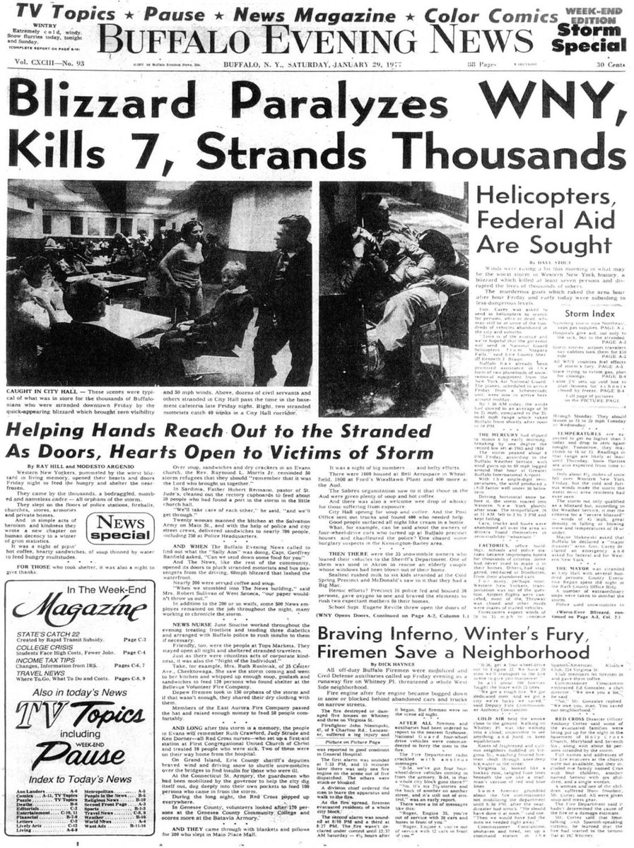 BNchronicles's tweet image. Front page, Jan. 29, 1977: The Blizzard of '77 buries Western New York. See more historic front pages: bit.ly/2QF3AQC