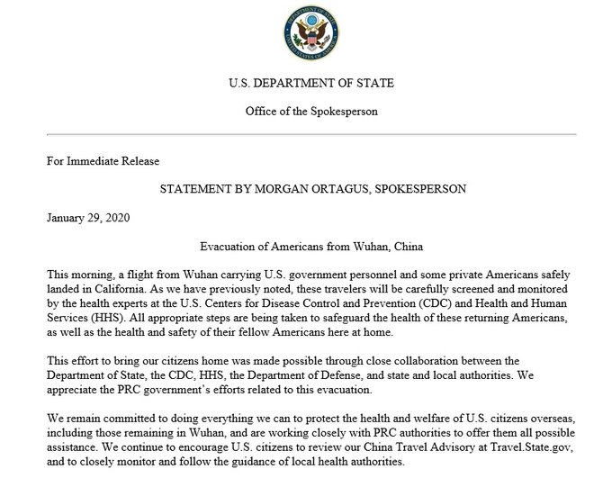 Statement on Evacuation of Americans from Wuhan, China