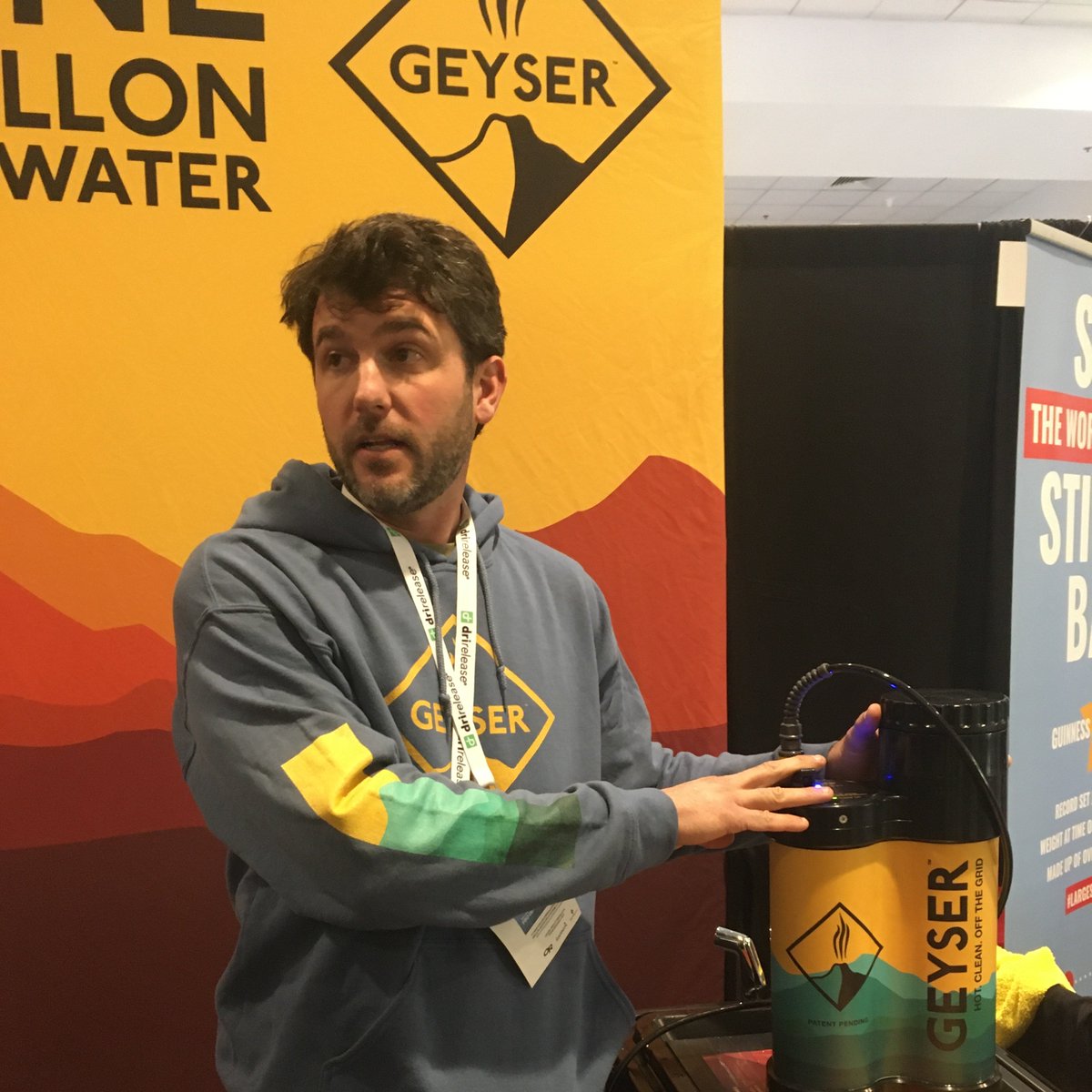 Story4CO's tweet photo. Awesome entrepreneurs at the #outdoorretailer show today. @GeyserSystems (based out of Montrose, CO) is creating portable and HOT showers that can be used for anything from camping to natural disaster relief. So much potential for outdoor adventures! @OutdoorRetailer https://t.co/aiKaVC4s0r