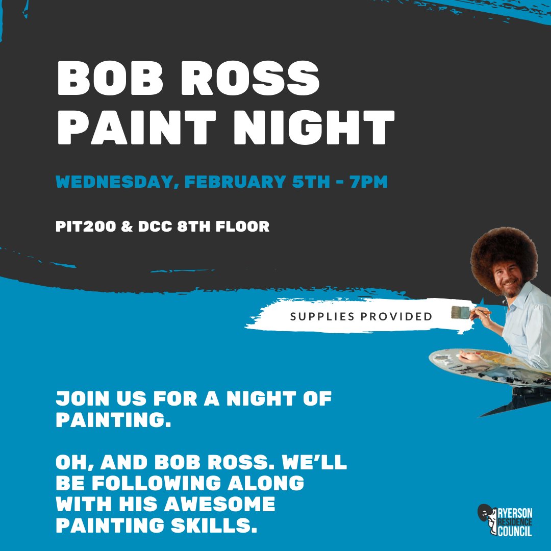 🎨 Bob Ross Paint Night happening February 5th at 7pm in both PIT200 and DCC 8th Floor! 🖌️ Anybody from any building can attend either session. Voting for which video we will be following along to will take place via our story soon! 😍