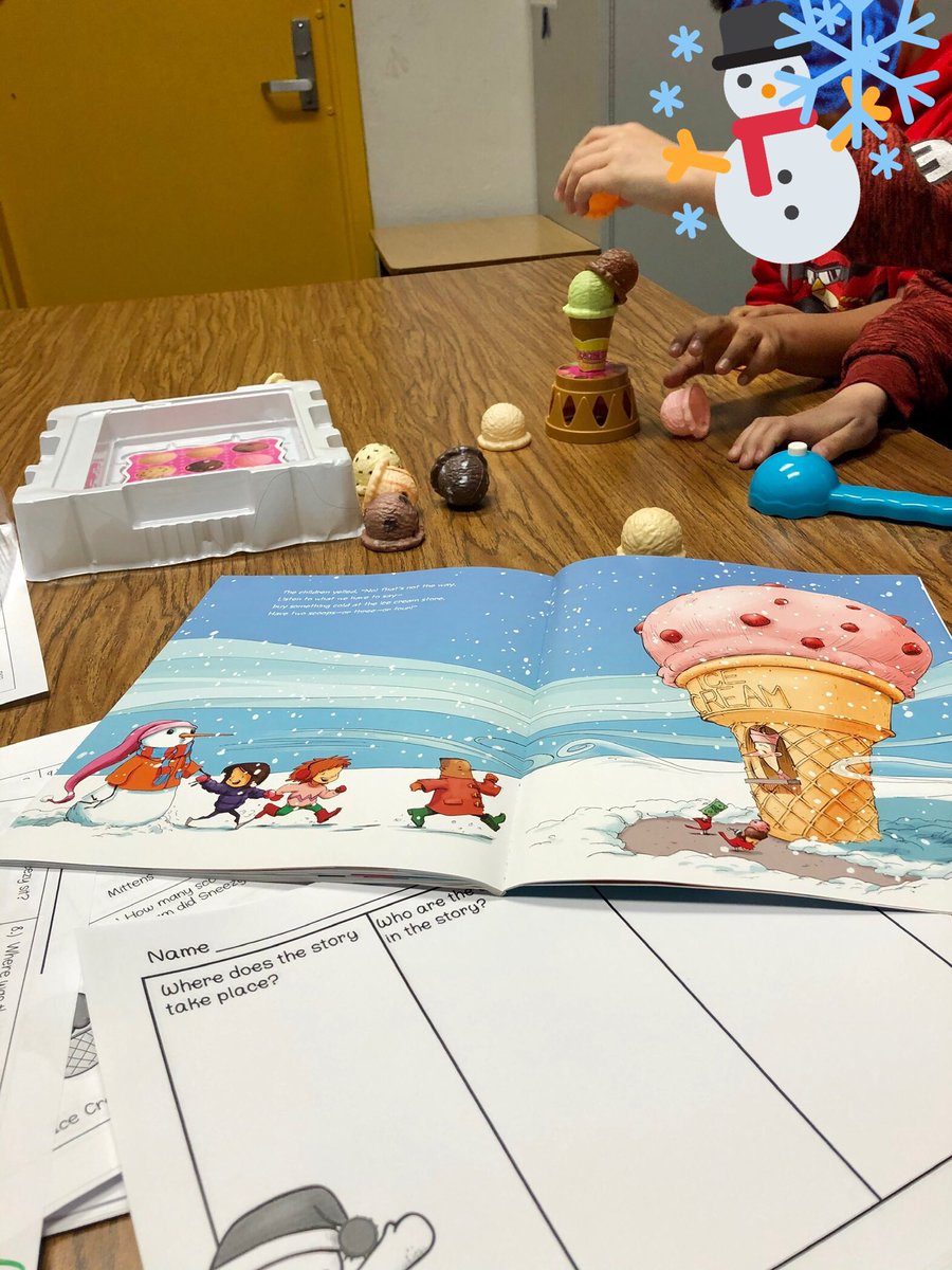 Today we read “Sneezy the Snowman.” We retold the story and practiced story grammar. Then we built an ice cream cone 7 scoops tall just like the story. #sleeps #slp