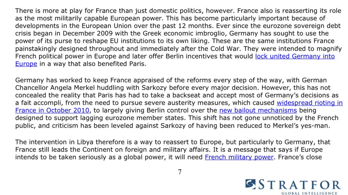 Explanation of dynamics between France & Germany within EU, and its link to Libya. From 2011! Courtesy of  @Stratfor