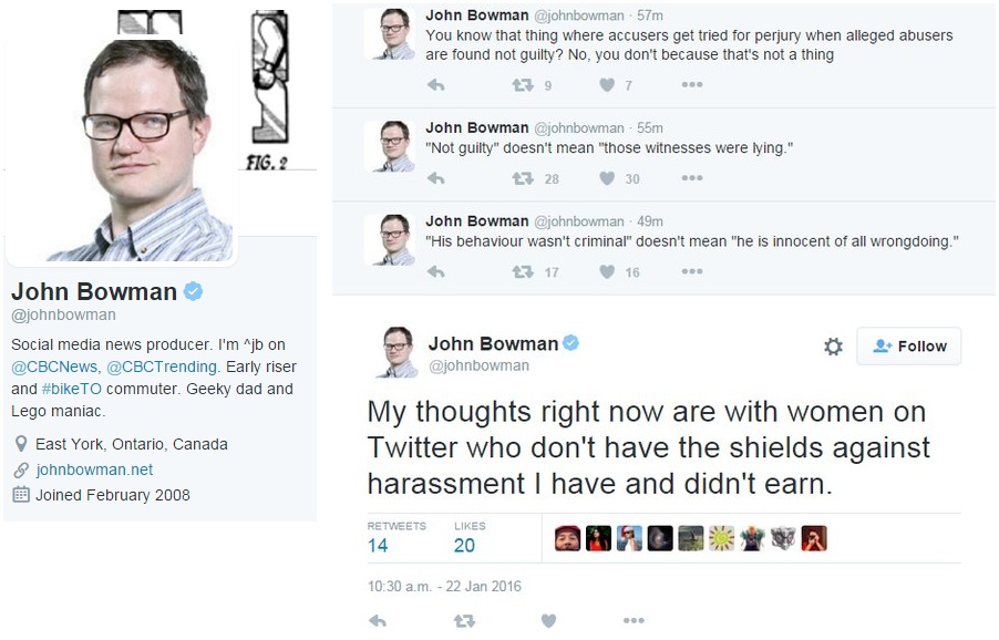  #GamerGate Trivia - Part 5: The CBC's John Bowman, who first reported on  #GamerGate, had a Twitter meltdown so bad after feminists failed to send a man to jail for mean tweets that a superior of his said "a reasonable person would question his impartiality on harassment stories".