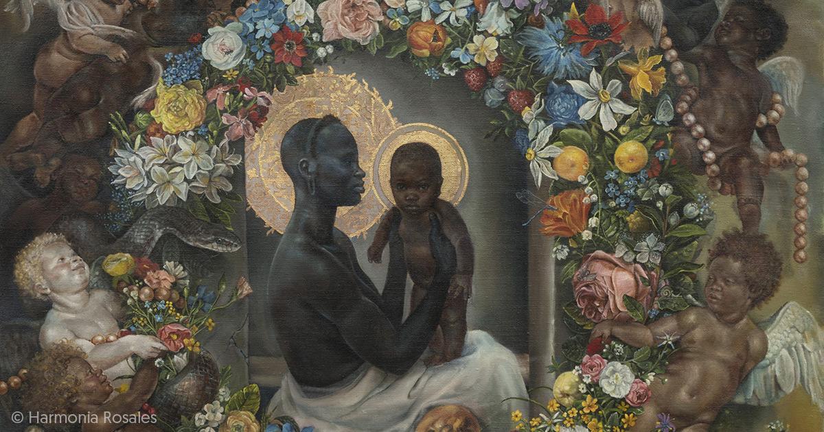 An intricately detailed painting that resembles classic Renaissance oil paintings, depicting dark-skinned cherubs and figures with halos surrounded by a colorful wreath.