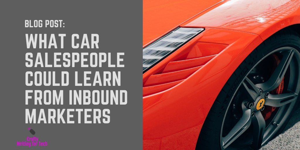 craftytechwrite's tweet photo. Car salespeople, you don't have to beg your prospects to sell their cars. There is a better way: https://t.co/552Zv1PZBp

#inboundmarketing #marketing #salespeople https://t.co/qrQeliJ5a5
