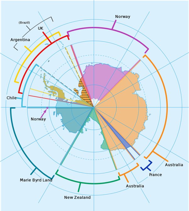 Dexplanations's tweet photo. @ThePDSOfficial The other thing is even though the Outer space treaty is based on the antarctic treaty one of the things that distinguishes it is that you can’t own any bodies in space. 
Here’s a pic of who owns what in Antarctica. https://t.co/WfDTzVyalk