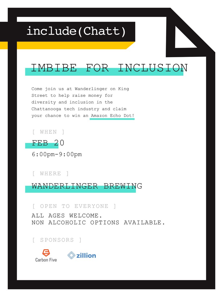 include(Chatt) (@includechatt) on Twitter photo Come join us at <a href="/WanderLinger/">WanderLinger</a> on 2/20 to help raise money for diversity and inclusion in the Chattanooga Tech industry and claim your chance to win an Amazon Echo Dot! * All ages are welcome. Non alcoholic options are available. Come join us at <a href="/WanderLinger/">WanderLinger</a> on 2/20 to help raise money for diversity and inclusion in the Chattanooga Tech industry and claim your chance to win an Amazon Echo Dot! * All ages are welcome. Non alcoholic options are available.