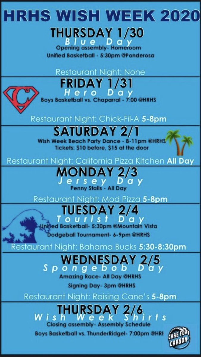 hrhschronicle's tweet photo. Here is the schedule and dress up days for Wish Week which starts tomorrow! #allin #careforcarson @HRFalconSenate https://t.co/5TuSlVvDOz