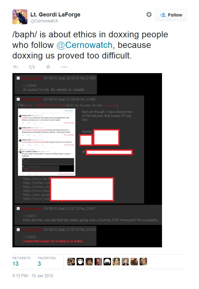  #GamerGate Trivia - Part 6: Ashley Lynch, who insists that 8chan/ #GamerGate swatted her, was at least partially the victim of incompetence. After /baphomet/ doxxed her, the anti-GG account Cernowatch annonced her doxxing on Twitter...AND THEN LYNCH DID THE EXACT SAME THING. >_<